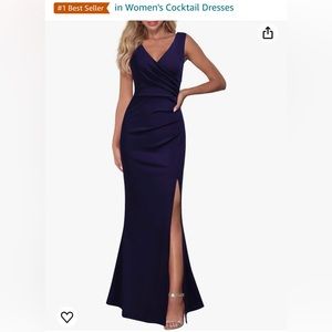 Navy blue sleeveless V neck split evening dress